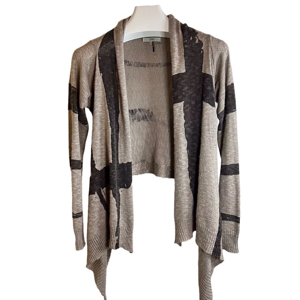 Fate Cream and Gray Boho Long‎ Cardigan Wrap Art Deco Wool Blend Size Med